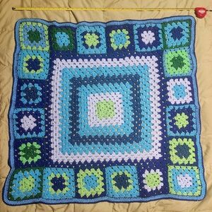 Handmade Blue And Green 40" By 40" Crochet Blanket